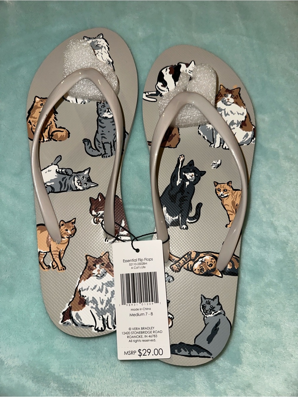 Vera Bradley Gray Cat Life Print Flip Flops-NWT